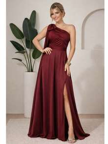 Bridesmaid Dress For Party Guests Reception Graduation Without Shine Cape Sleeve In Fluity - Redwood - View 3