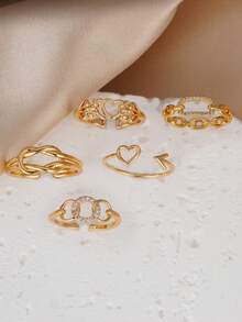 5pcs Elegant Cubic Zirconia Heart, Knot, Geometric Ring Set, Suitable For Women's Daily, Date, Party Wear - Yellow Gold - View 2