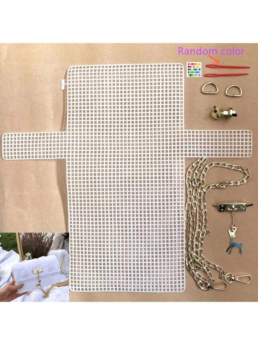 6-Piece DIY Tote Bag Weaving Set, Including Buttons, Clasps, And Chains, White Mesh Craft Project Set. - 1 Set - View 1