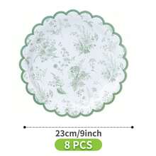 8pcs Green Porcelain Floral Disposable Plate, Napkin, Cup Set, One-Time Party Supplies Suitable For Birthday, Wedding, Theme Party, Family Picnic - Multicolor - View 6