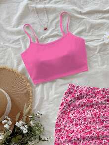 女士两件套印花可爱优雅休闲荷叶边抽绳开衩下摆沙滩度假装 - 玫紅色 - 查看 3