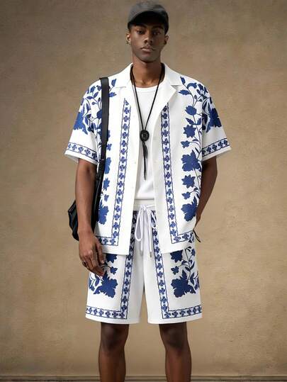 AICJ Conjunto de pijama de hombre con estampado de flores - Camisa de manga corta con cuello y bolsillos y pantalones cortos con cordón, regalo de cumpleaños para novio, tela de punto, conjunto de 2 piezas para primavera, verano, vacaciones en la playa y ropa de casa