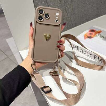 1个简约纯色挂绳手机壳，带可拆卸可调节挂绳，金色爱心设计，兼容 17/17 Pro/17 Air/17 Pro Max/16/15/14/13/12/11，斜挎手机袋带挂绳，女士手机挂绳