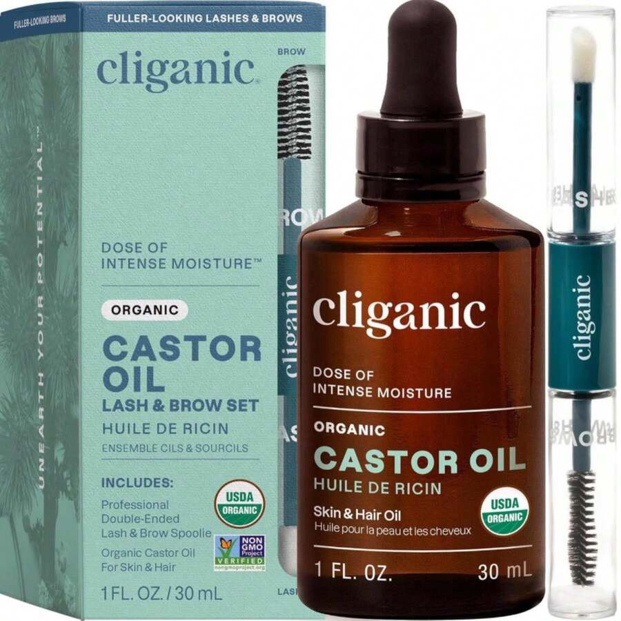 Cliganic Organic Castor Oil, 100% Pure (1oz Glass Bottle With Eyelash Kit) - For Eyelashes, Eyebrows, Hair &Amp; Skin - Màu A - Xem 1