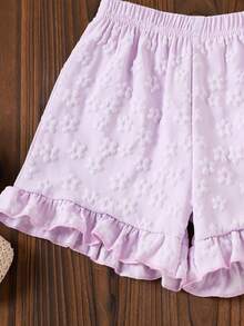 2pcs/Set Young Girl Sweet Floral Embroidery Short Sleeve T-Shirt And Ruffle Trim Shorts Set, Summer - Mauve Purple - View 6