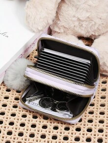 Ví da thời trang dễ thương in hình nơ, có khóa kéo, trang trí bằng quả bông nhỏ xinh, kiểu dáng tối giản, nhiều ngăn đựng thẻ tín dụng, ví đa chức năng dành cho nữ, ví mini, ví nhỏ đựng thẻ, ví đựng đồ dùng cần thiết khi đi biển, ví du lịch. - Màu tím - Xem 8