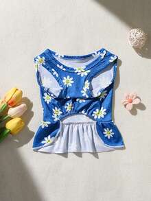 Vestido para mascotas con efecto de mezclilla, con estampado floral de margaritas sonrientes y volantes en el bajo, para gatos y perros - Azul - Ver 3