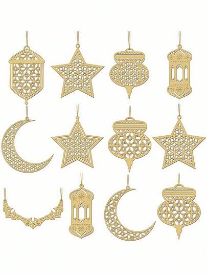 12pcs Islamic Ramadan Wooden Pendant Decorations, Crescent Moon, Star, Lantern Shapes, DIY Home Decor For Ramadan Holiday