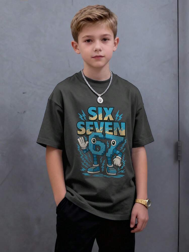 男童休闲印花圆领短袖T恤，夏季上衣 - 深灰色 - 查看 7