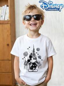 This Disney Castle And Mickey Mouse Pattern Summer T-Shirt Is Suitable For Boys And Girls To Wear To Holiday Parties, Family Gatherings, Outdoor Activities, Travel, And As A Gift For Children Visiting Disneyland. - 白色 - 查看 1