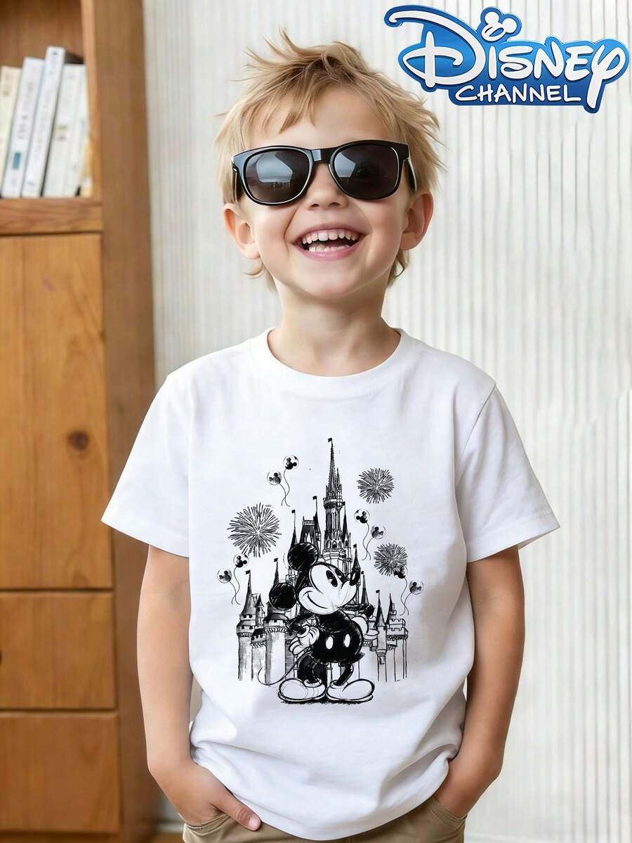 This Disney Castle And Mickey Mouse Pattern Summer T-Shirt Is Suitable For Boys And Girls To Wear To Holiday Parties, Family Gatherings, Outdoor Activities, Travel, And As A Gift For Children Visiting Disneyland. - 白色 - 查看 1