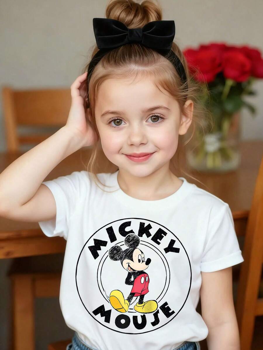 Disney Retro Mickey Mouse Badge Kids' T-Shirt – Soft White Short Sleeve Tee With Distressed Circle Print For Girls - 白色 - 查看 1