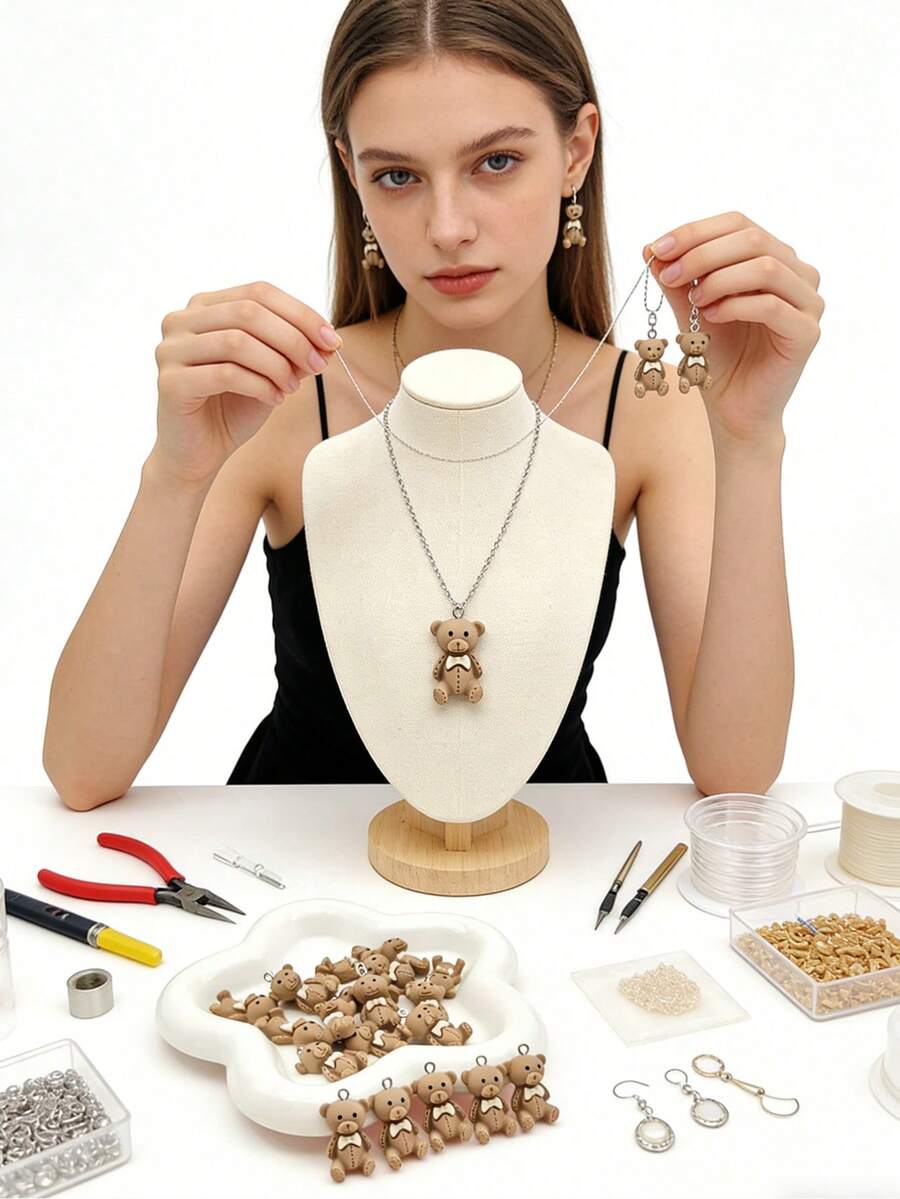 20/100/150/200 piezas Colgante de oso de peluche de resina plana marrón con lazo, lindos encantos de oso sentado para hacer joyas DIY, aretes, collares, pulseras, llaveros - Marrón - Ver 1