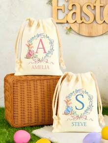 1pc Personalized Easter Bunny Drawstring Canvas Bag, Customized Letter & Wreath Rabbit Design, Kids Easter Basket And Egg Hunt Bag, Reusable Spring Party Gift Bag, Cute Easter Item Gift, Suitable For Girls, Boys, Family, Friends And Classroom Easter Party Supplies - Multicolor - View 4