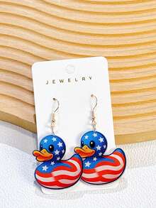 一对亚克力材质的日常美国国旗鸭子可爱趣味双面吊坠耳环，女士礼物，派对饰品 - 彩色 - 查看 3