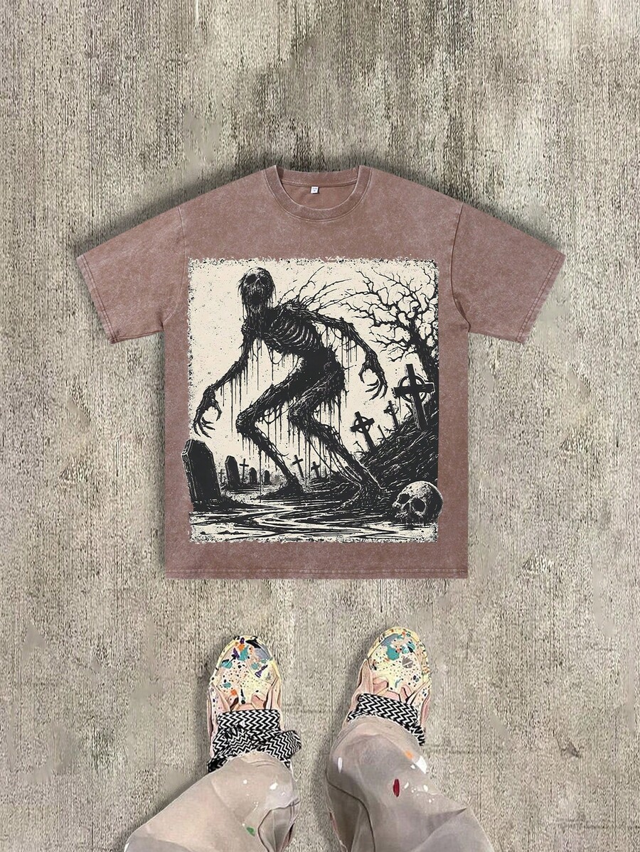 Dark Kesulu Skull Is The Visual Core, Retro Men's 230g Combed Washed Cotton T-Shirt, Y2K Punk Pattern Fusion Religious Elements And Punk Street Style T-Shirt, Suitable For Summer Men's Outdoor Casual Wear Is Very Suitable For Daily Wear And Gift Giving), Suitable For Small Groups Who Like Cthulhu And Gothic Culture - 咖啡棕 - 查看 1