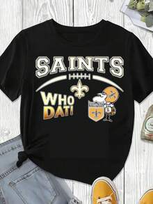 Saints Who Dat Football T Shirt New Orleans Saints Logo And Mascot Black Casual Wear For Game Day And Everyday Spring Summer - Black - View 2