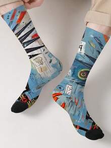 1 Pair Of Men's Novelty Socks With 3D Digital Print Skull Design, Mid-Calf Socks With 360° Print, Creative And Funny Socks, Couple Gift Socks, Suitable For All Seasons - Multicolor - View 7