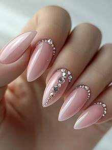 Monina 24片Y2K杏色亮片水钻假指甲，夜光时尚美甲，适合日常、通勤、旅行等各种场合的美甲用品 - 粉色 - 查看 12