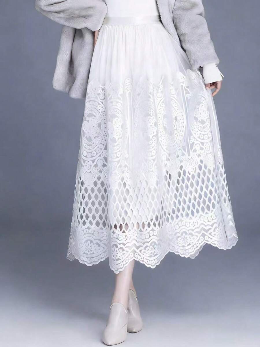 Long, Flared Boho-Style Skirt For Women With Delicate Cutout And Embroidery Details. - White - View 1