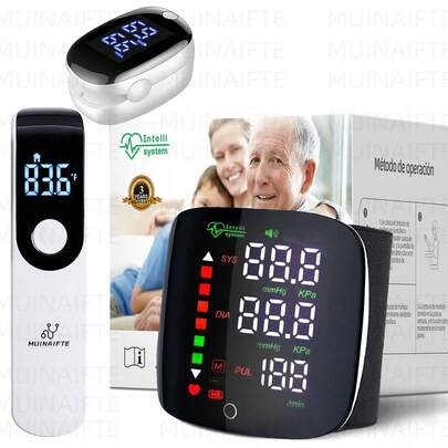 Kit de Medición La Salud Portátil: Monitor de presión arterial digital + termómetro + oxímetro, Alimentado por batería, Inicio con un solo botón, Ideal para uso doméstico - Mide con precisión la presión arterial, el oxígeno en sangre y la temperatura