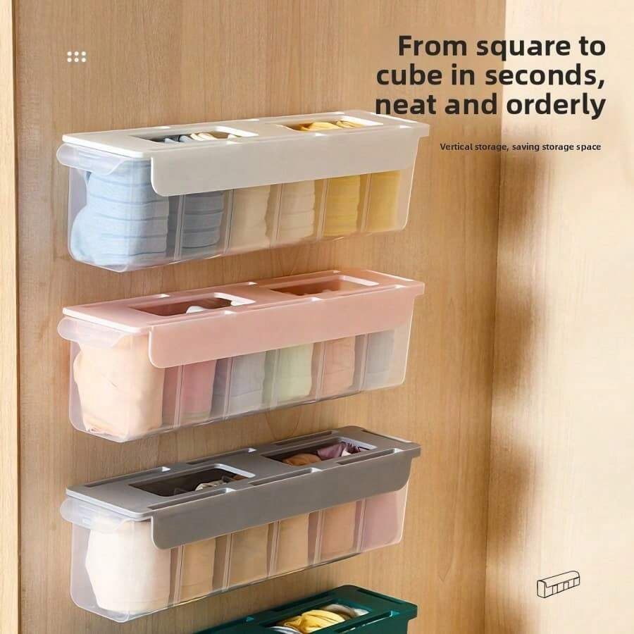 1 pieza Caja de almacenamiento de pared de plástico, caja de almacenamiento de cajón multifuncional para ropa interior y calcetines, caja de almacenamiento montada en la pared sin perforación, con deflector ajustable incorporado, adecuada para almacenamiento en dormitorio, organización de armario, almacenamiento de cocina, almacenamiento de baño