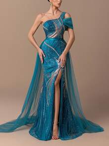 Faeriesty Wunderschönes einschultriges bodenlanges Abendkleid mit Perlenbesatz, asymmetrischer Tüllverzierung und hochgeschlitztem Meerjungfrauenrock - figurbetonter Schnitt für Sommerhochzeiten, rote Teppiche und elegante Partys - Taubenblau - Übersicht 6