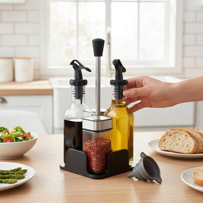 SAEIV Set Of 5 Olive Oil, Vinegar, And Oil Bottles, Salt Shaker With Swivel Lid To Prevent Spills, Oil And Vinegar Dispenser With Leak-Proof Design