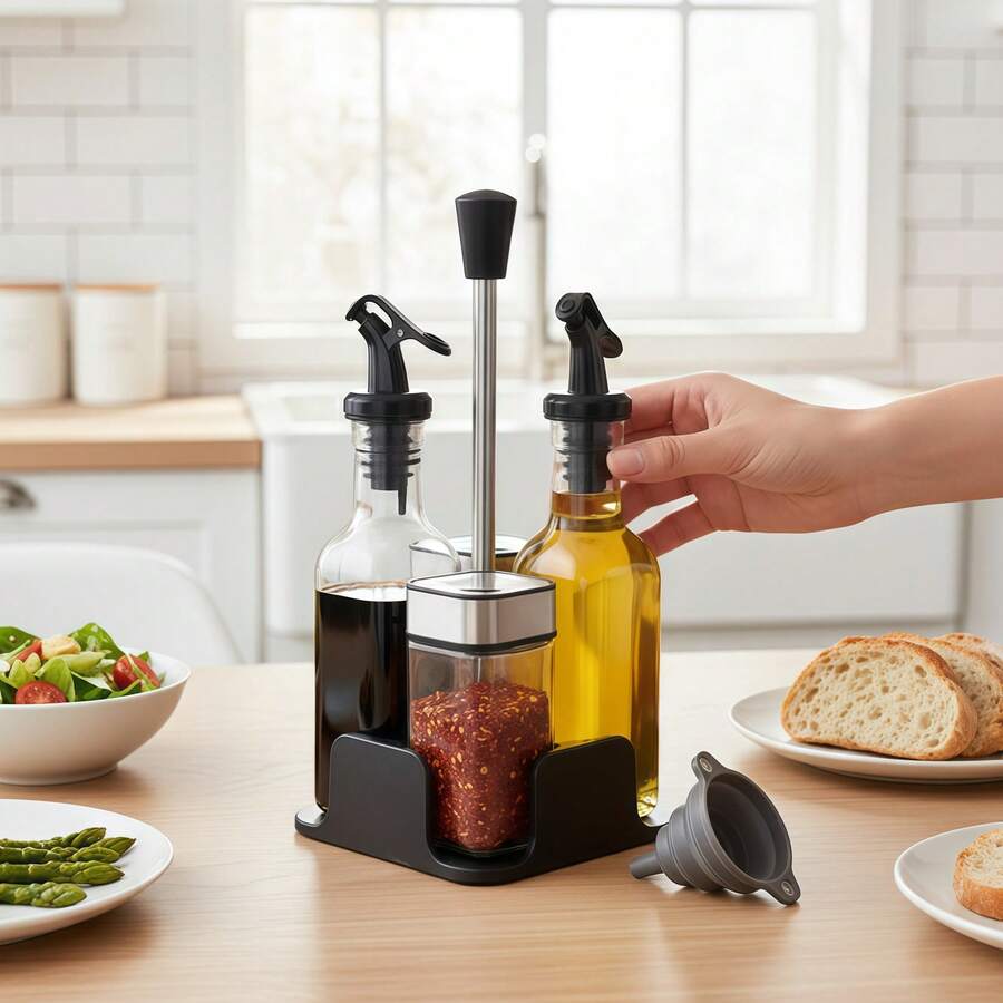 SAEIV Set Of 5 Olive Oil, Vinegar, And Oil Bottles, Salt Shaker With Swivel Lid To Prevent Spills, Oil And Vinegar Dispenser With Leak-Proof Design - Chai dầu giấm của ông Fang - Xem 1