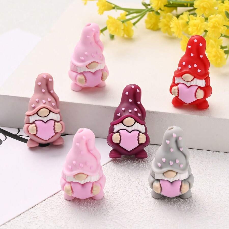 4pcs Valentine's Day & New Year Theme Silicone Beads, Dwarf Holding Heart, Suitable For DIY Jewelry Making, Bracelets, Beaded Pens, Keychains And Bag Accessories Crafts - Love Elf - View 1