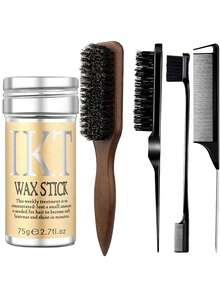ikt 1支发蜡棒 + 3件套亮泽发型梳子套装，猪鬃毛梳 + 尖尾梳造型工具，适用于毛躁、凌乱发型、马尾辫和假发 - 75g - 查看 3