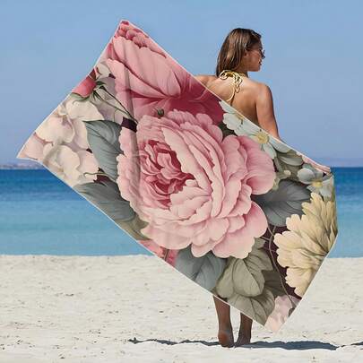 1条印花沙滩巾，高吸水性浴巾，适用于浴室、游泳、健身、瑜伽，柔软舒适的超细纤维材质，轻便易携，防风防晒，防沙，是夏季旅行、度假和浴室装饰的理想之选。