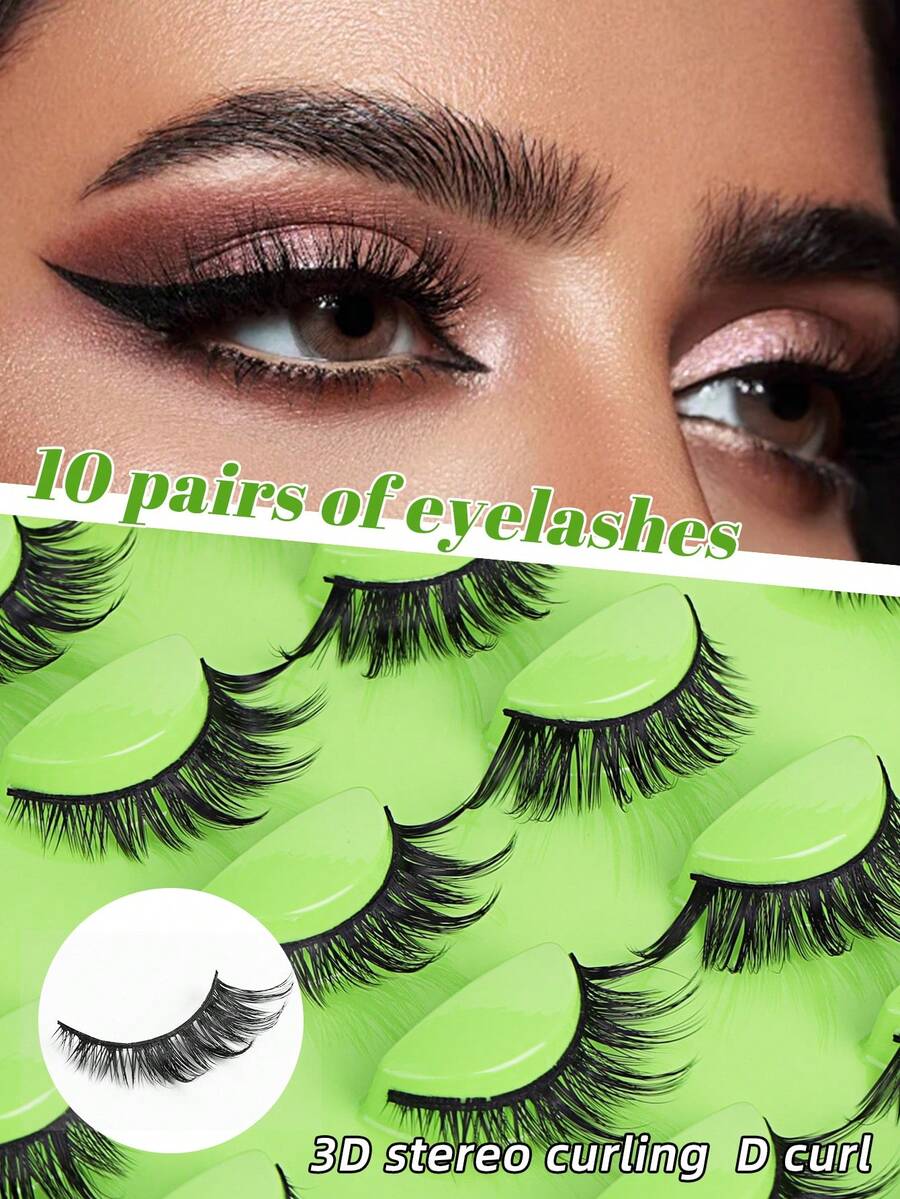 10对狐狸形斜角仿貂毛浓密睫毛，加长飞扬睫毛嫁接工具，合成假睫毛 - 黑色 - 查看 1