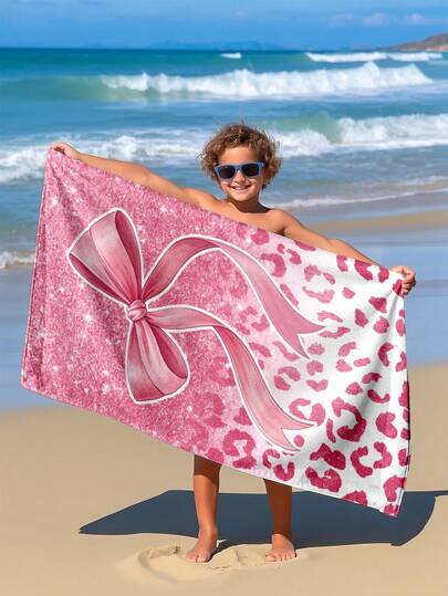 1pc Pink Bow Kids Beach Towel, Super Soft Microfiber Extra Large Beach Blanket, Super Absorbent Bath Towel, Suitable For Travel, Swimming Pool, Diving, Surfing, Yoga, Camping, Available In Multiple Sizes, Beach Accessories For Beach, Pool, Travel, Camping, Yoga