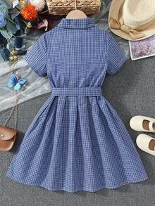 Girls Elegant Short Sleeve Plaid Belted Knee-Length Pleated Dress, Casual School Style, For Ages 8-12 - Blue - View 2
