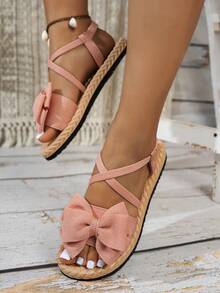 Sandali piatti minimalisti e comodi con fiocco incrociato, sandali da spiaggia con punta tonda e aperta, sandali classici in EVA slip-on - Rosa - Visualizzare 2