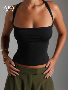 ARA CHIC Women's Black Sexy Criss-Cross Camisole, High Stretch Fitted Sleeveless Casual Top, Beach Vacation, 2026 Spring New Arrival - Black - View 6
