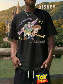 Men's White/Black Crew Neck Short-Sleeved T-Shirt Paired With Drawstring Shorts, Disney Toy Story To Infinity And Beyond Letter And Buzz Lightyear Print Set, Breathable Summer Casual Set, A Great Gift For Men. - Black + Black - View 1