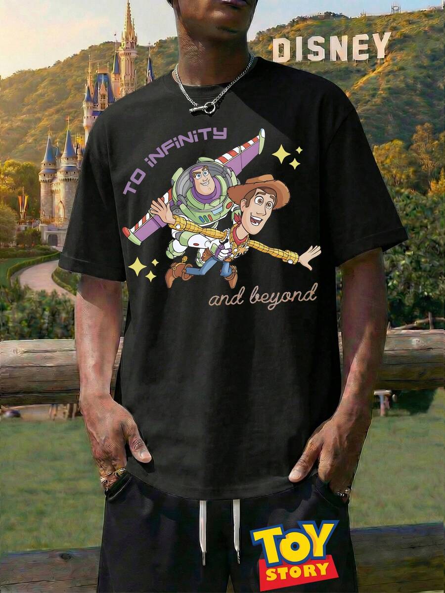 Men's White/Black Crew Neck Short-Sleeved T-Shirt Paired With Drawstring Shorts, Disney Toy Story To Infinity And Beyond Letter And Buzz Lightyear Print Set, Breathable Summer Casual Set, A Great Gift For Men. - Black + Black - View 1