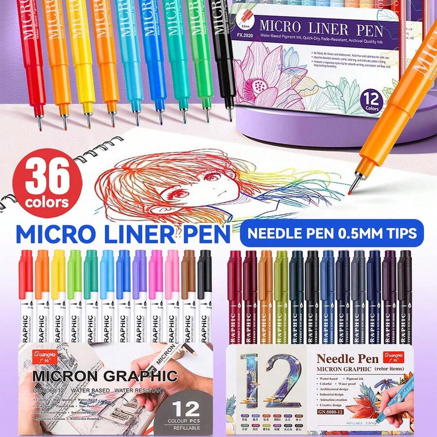 Bộ 12/24 bút vẽ nét mảnh 0.5mm, chống thấm nước, khô nhanh, lý tưởng cho sinh viên mỹ thuật, vẽ truyện tranh, thiết kế, viết chữ tay, thư pháp, độ bão hòa màu cao, chống lem mực, dụng cụ mỹ thuật thiết yếu cho năm học mới. - Bút gel nhiều màu - Xem 1