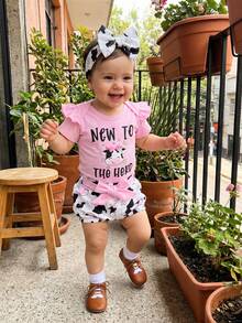 Western Baby Girl Clothes Cowgirl Summer Clothes Letter Boots Cow Print Crew Neck Short Sleeve Romper Shorts And Bow Headband 3 Pcs Set - 粉紅色乳牛 - 查看 4