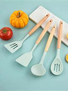 1pc Silicone Spatula Non-Stick Pan Dedicated Spatula, Home Cooking Spatula, Wooden Handle Ladle Soup Spoon 12pcs Kitchenware Set - Multicolor - View 12