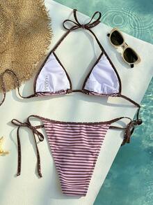 Sultry Sol Đồ bơi bikini nữ, họa tiết sọc chấm bi giản dị, màu nâu, thời trang cho các buổi đi chơi/tập thể dục/thường ngày/phong cách Y2K/những năm 2000/thanh lịch/cổ điển/thời trang đường phố/kỳ nghỉ/lễ hội âm nhạc/tiệc bể bơi, mùa hè 2026. - nâu hồng - Xem 6