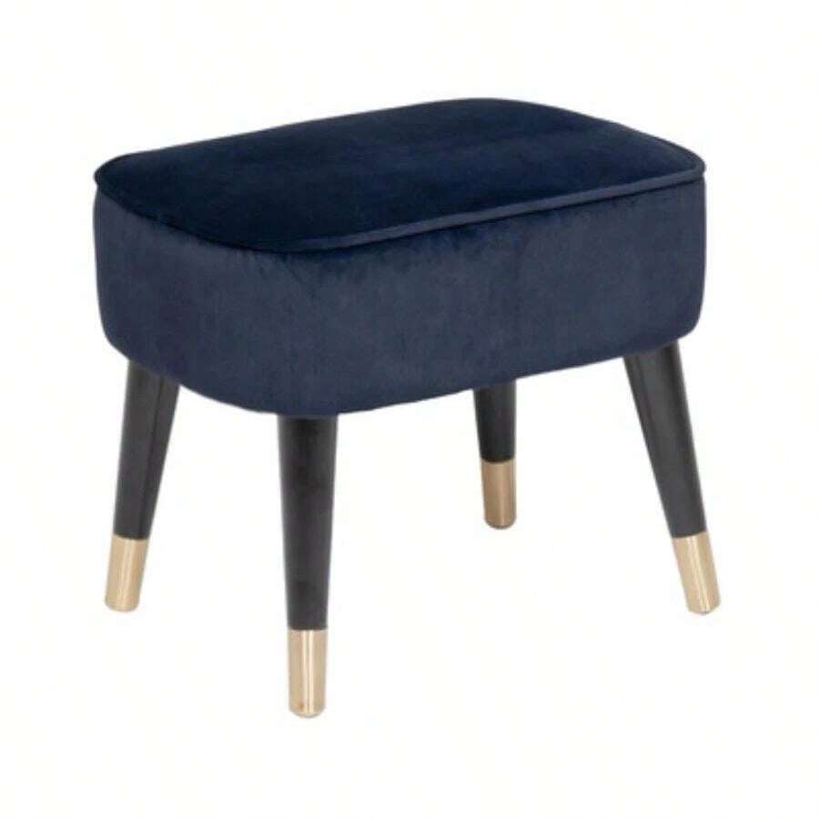 Blue / Navy Velvet Footstool With Blk And Gold Leg - Multicolor - View 1