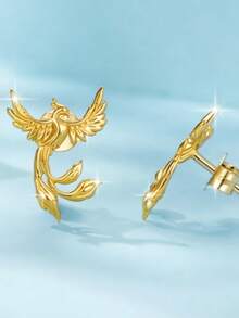 1 Pair Delicate Silver Phoenix Stud Earrings, Fashionable Luxury Aesthetic Design, Versatile Niche Earrings - Gold - View 3