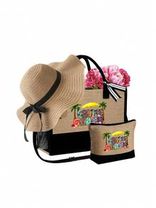 Black Khaki Set With The Letter "Beach" Printed On It, Beach Bag, With Makeup Bag, Small Square Bag, Hat, Large Capacity, Shoulder Strap, Adjustable, Convenient Small Bag Combination, Solving The Problem Of Messy Travel Cosmetics, Professional Makeup Bag, Square Bag, Tote Bag, Coin Purse, Storage Bag, Pen Bag - Multicolor - View 11