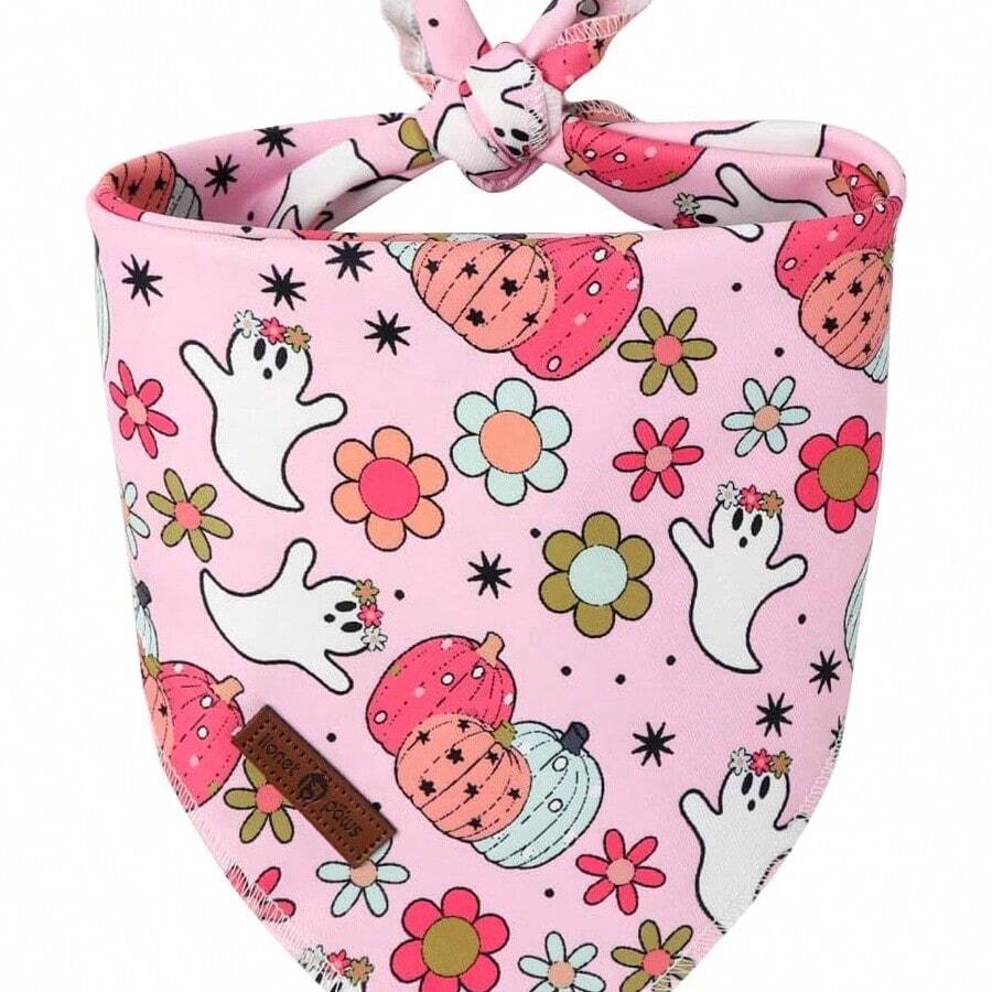 Halloween Dog Bandana Washable Cotton Scarf With Floral Ghost Design For Medium Large Dogs - 花鬼 - 查看 1