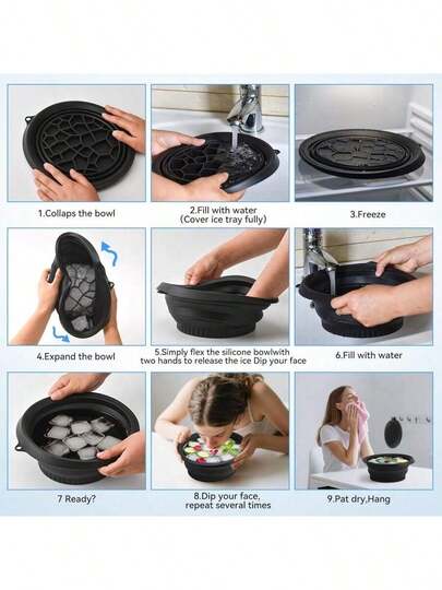 1个可折叠硅胶面部冰浴碗，便携式冰桶，可重复使用的面部冰格，用于面部护理、消除浮肿、旅行，内置冰块