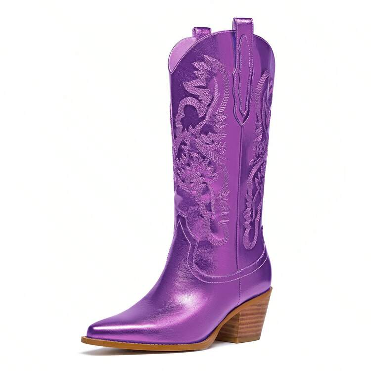 Driceic Mid Calf Metallic Cowboy Boots For Women Glitter Western Embroidered Cowgirl Boots Wide Calf Chunky Heel Wide Calf Short Boots Pull On Pointy Toe Fashion Vintage Boots - 紫色 - 查看 13