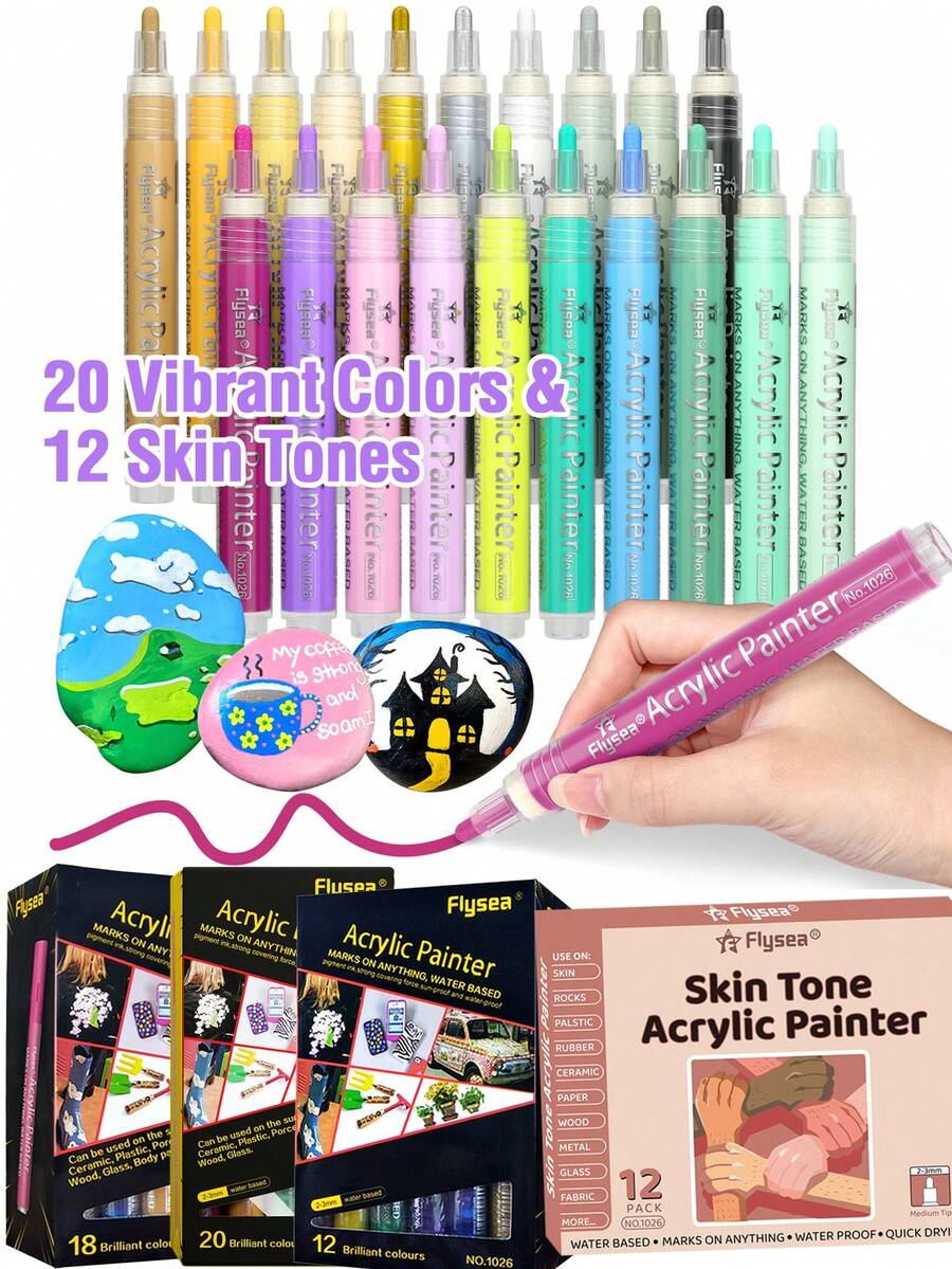 12/18/20 Farben Acrylmarker Set + 12 Hauttöne, wasserbasiert, wasserfest, schnelltrocknend, geeignet für verschiedene Materialien (Stein/Keramik/Holz/Glas/Papier), Kunstmalerei/Porträtskizzen/DIY Basteln/Graffiti, hohe Farbsättigung & nicht verlaufend, unverzichtbares Künstlerzubehör Set für professionelle Künstler